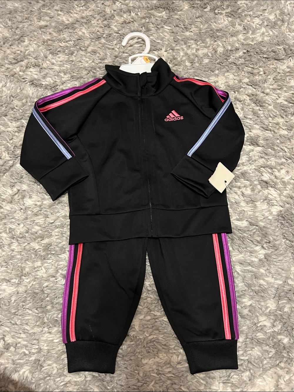 adidas Kids Black Track Jacket & Pants with Pink and Purple Stripes